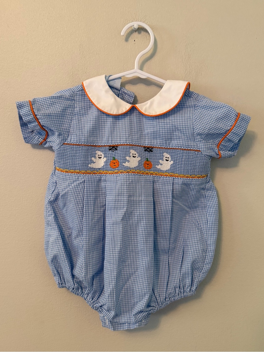 Petit Bebe Blue Gingham Smocked Ghost Halloween Bubble